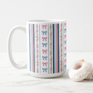 Caneca De Café Azul Préppy Laços Rosa Florais Listrado Coquette