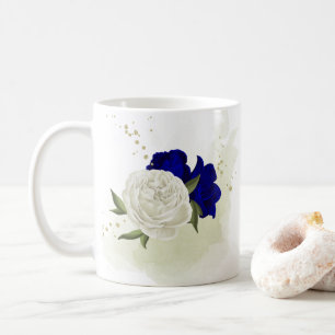 Caneca De Café azul real floral verde branco 
