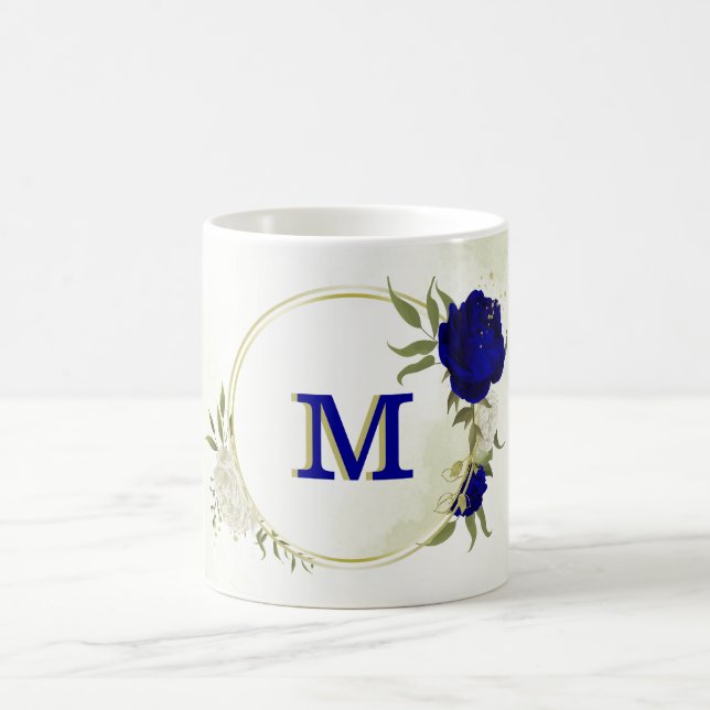 Caneca De Café azul real floral verde branco  (Centro)