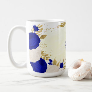 Caneca De Café azul real & flores brancas dourado botânico casame