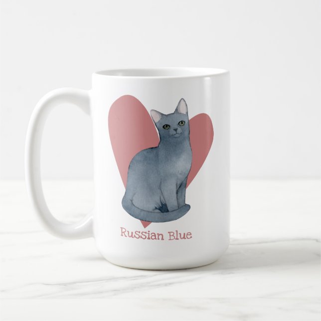 Caneca De Café Azul Russo, Gatinho de Aquarela, Coração Rosa (Esquerda)