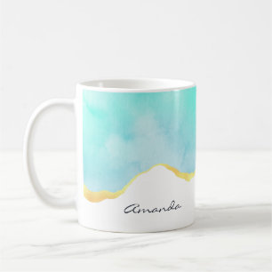 Caneca De Café Azul Tropical Tranquila Verde com Borda Dourada