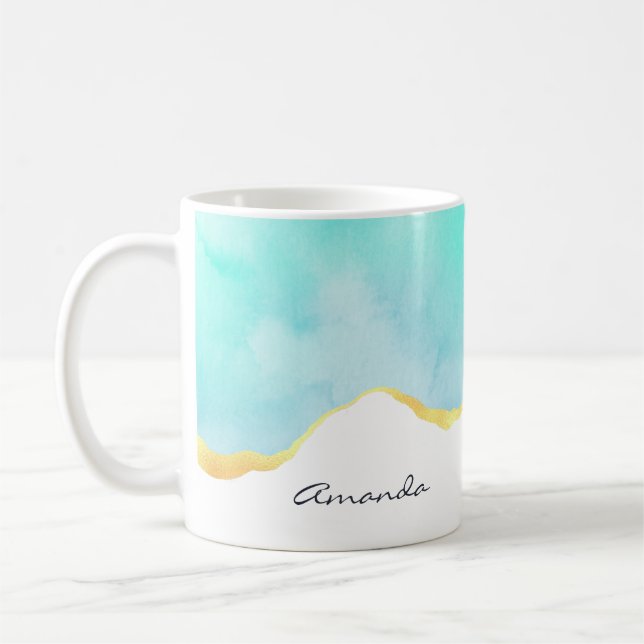 Caneca De Café Azul Tropical Tranquila Verde com Borda Dourada (Esquerda)