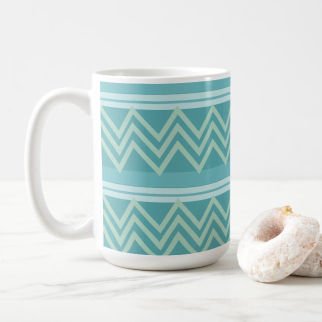 Caneca De Café Azul Turquesa Verde Chevron Geométrico  (Com Donut)