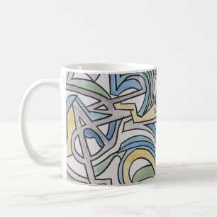 Caneca De Café Azul Verde Amarelo Treliça-Pintado à Mão Abstrato