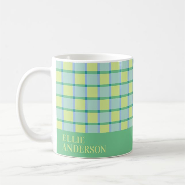 Caneca De Café Azul Verde Lima Personalizado Xadrez Moderno (Esquerda)