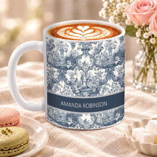 Caneca De Café Azul Vintage Floral Damask Toile de Jouy Monograma