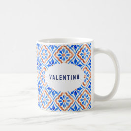 Caneca De Café Azulejo Azul Italiano Padrão Elegante Nome Persona