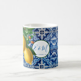 Caneca De Café Azulejo Branco Azul, Limões, Monograma