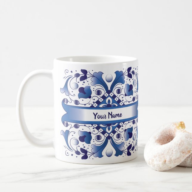 Caneca De Café Azulejo de estilo branco e azul italiano Mug (Com Donut)