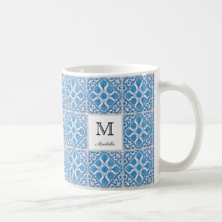 Caneca De Café Azulejo Falso Floral Azul Branco Editável Vintage