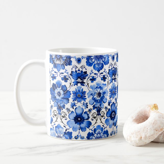 Caneca De Café Azulejo Floral Cerâmico (Com Donut)