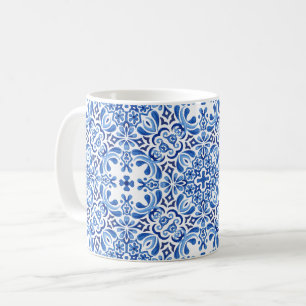 Caneca De Café Azulejo mediterrânico do Watercolor Blues em bran