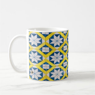 Caneca De Café Azulejo Padrão de flor mosaica azul amarelo