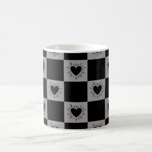 Caneca De Café Azulejo Xadrez Preto e Cinza Com Padrão de Coraçõe