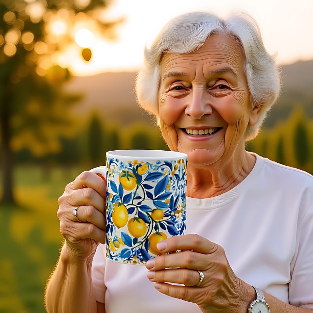 Caneca De Café 💛 Azulejos azuis e amarelos com limões (💛💙 Blue and yellow Azulejos with lemons Coffee Mug)