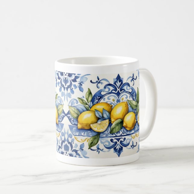 Caneca De Café Azulejos brancos e limões azuis Amalfi italianos (Frente Esquerda)