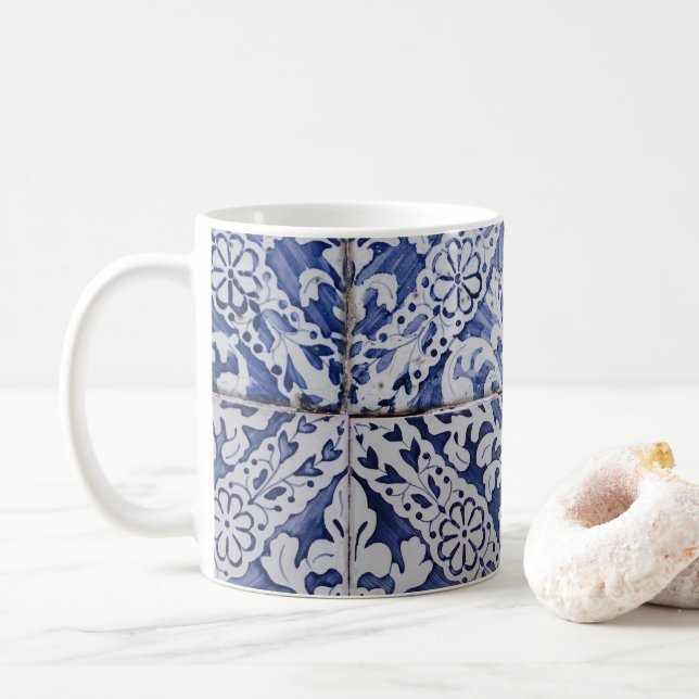 Caneca De Café Azulejos Portugueses - Azulejo Azul e Branco Flora (Com Donut)