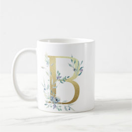 Caneca De Café B inicial de ouro com folhagem floral azul