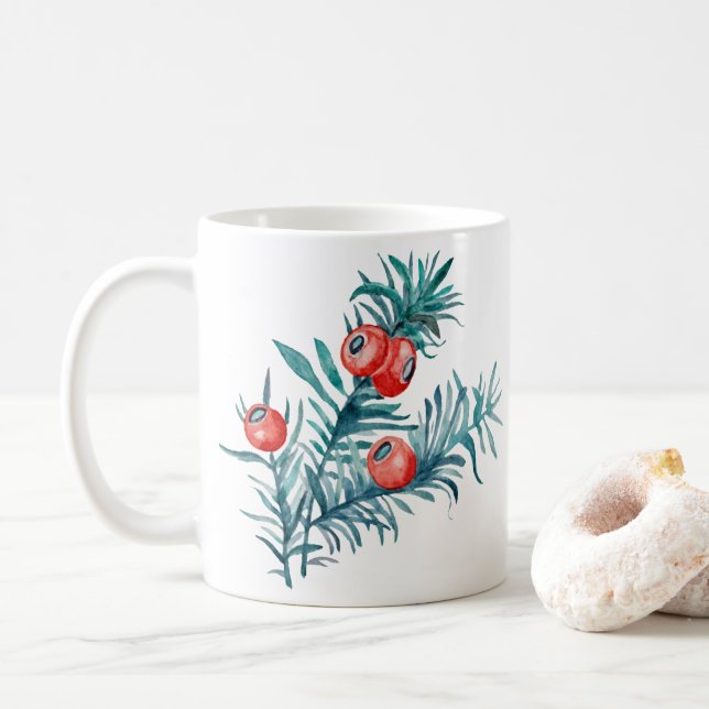 Caneca De Café Bagas de Teixo em Aquarela (Com Donut)