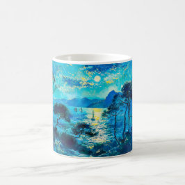 Caneca De Café Baía ao Luar com Barcos Noturno Impressionista