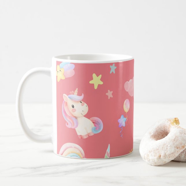 Caneca De Café Balão-arco-íris de unicórnio rosa-claro (Com Donut)