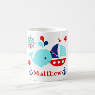Caneca De Café Baleia Azul Náutica Fofa e Padrão de Âncoras