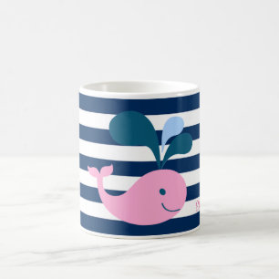 Caneca De Café Baleia-Bebê-Cuta, Marinho Azul, Stripes Personaliz