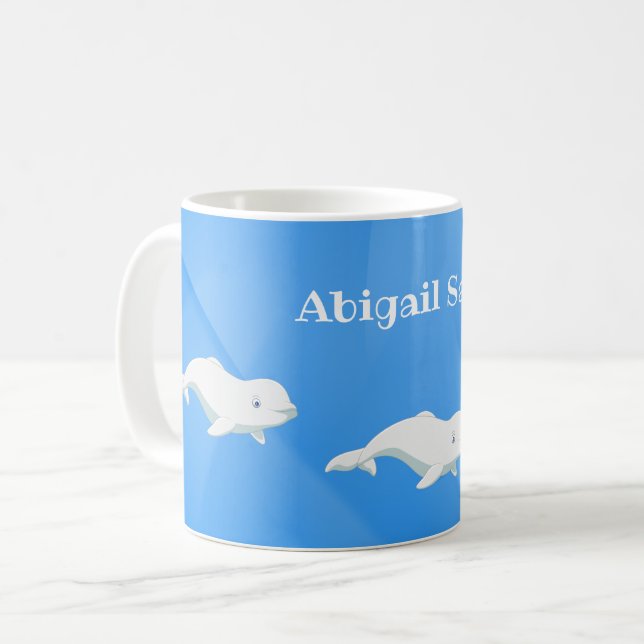 Caneca De Café Baleia Beluga Personalizada Azul e Oceano Branco (Frente Esquerda)