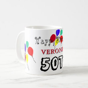 Caneca De Café Balões de Aniversário de 50 anos Vermelhos Azuis Q