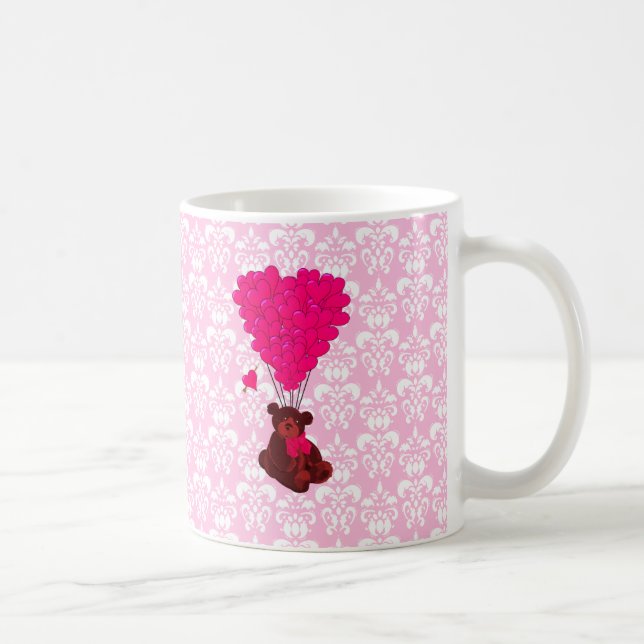 Caneca De Café Balões de Urso e Cardíaco em damasco rosa (Direita)
