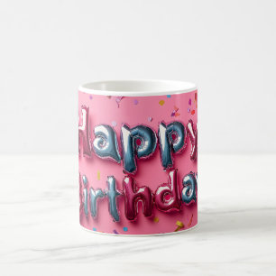 Caneca De Café Balões e Confetes de Aniversário Feliz 