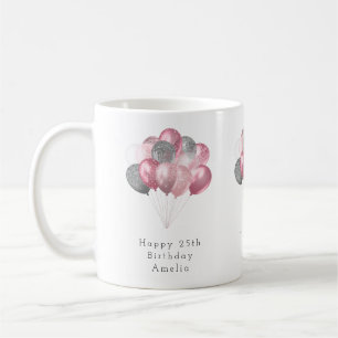 Caneca De Café Balões-reluzente rosa e prata feliz aniversário