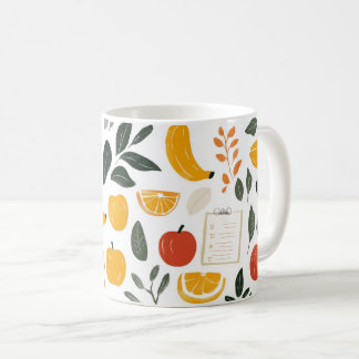 Caneca De Café Bananas, maçãs e fatias de laranja.