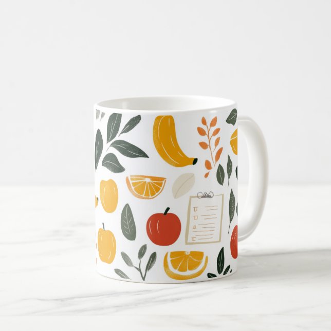 Caneca De Café Bananas, maçãs e fatias de laranja.  (Frente Esquerda)