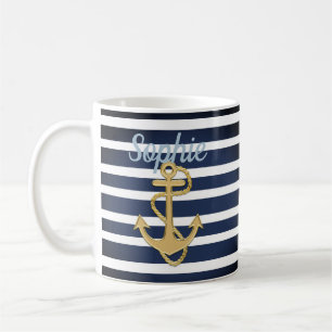 Caneca De Café Bandas Azuis e Âncora Dourada Náutica