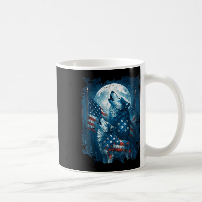 Caneca De Café Bandeira Americana de 4 de Julho Lobo Uivando Lua  (Direita)