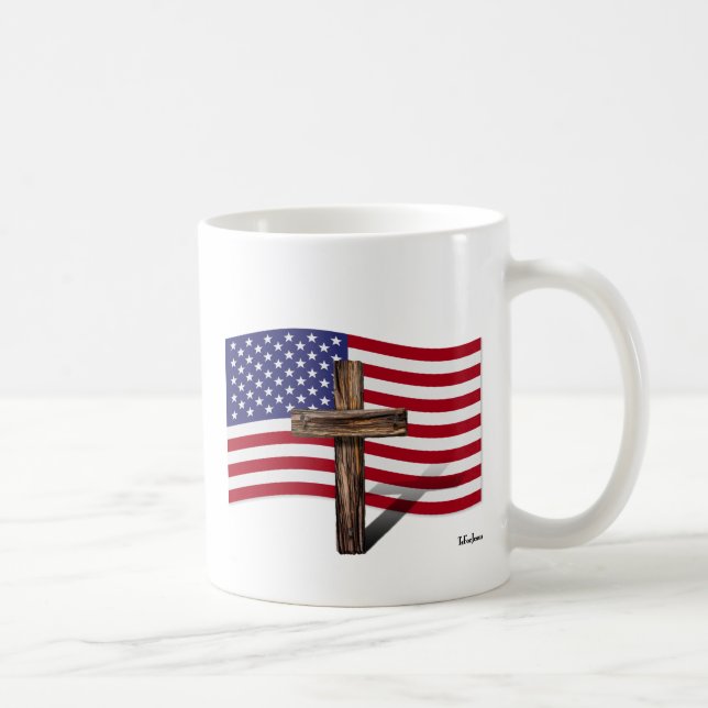 Caneca De Café Bandeira Americana e Cruz Rústica (Direita)