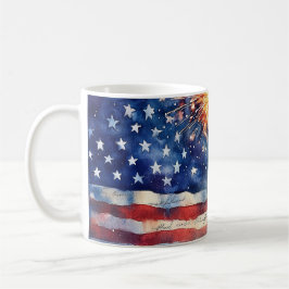 Caneca De Café Bandeira americana. Fogos de artifício.