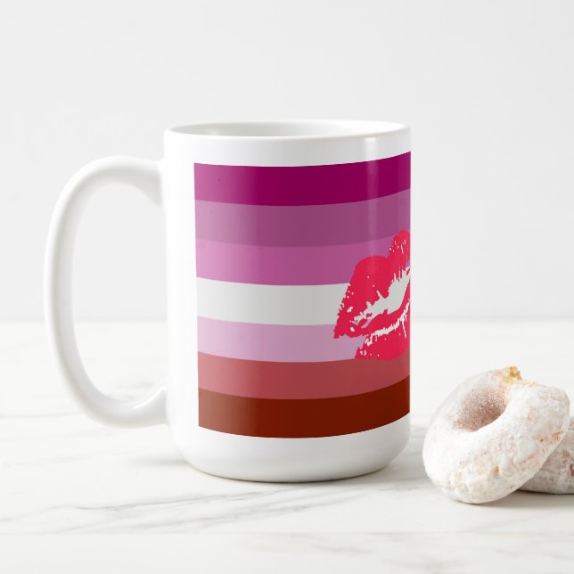 Caneca De Café Bandeira do Orgulho Lésbica com Batom e Lábios (Com Donut)