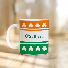 Caneca De Café Bandeira Irlandesa Trevo Nome da Família Personali