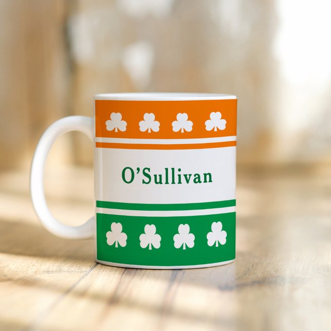 Caneca De Café Bandeira Irlandesa Trevo Nome da Família Personali (Criador carregado)