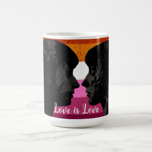 Caneca De Café Bandeira Lésbica com Duas Mulheres Silhouettes
