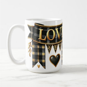 CANECA DE CAFÉ BANNER DE AMOR PRETO E DOURADO COM CORAÇÃO