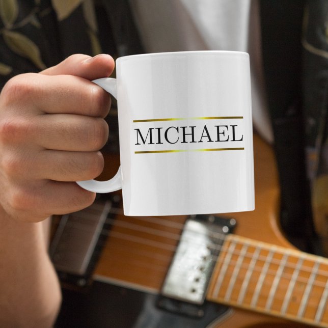 Caneca De Café Bar de Nome Luxe (White coffee mug with horizontal name bar and sleek faux gold trim for a polished look.)