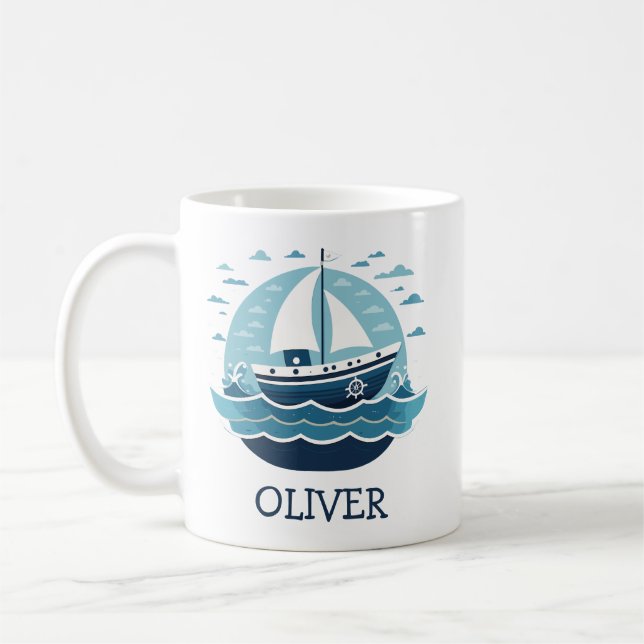 Caneca De Café Barco à Vela Azul Fofo no Mar Personalizado (Esquerda)