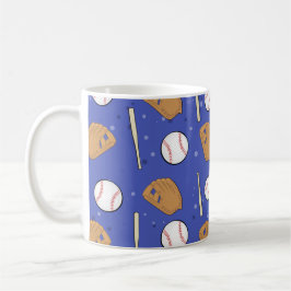 Caneca De Café Baseball - Luvas, bolas e morcegos em fundo azul