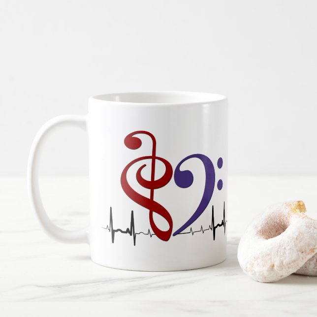 Caneca De Café Bass Clef Heart EKG Waves Crimson Red & Purple (Com Donut)