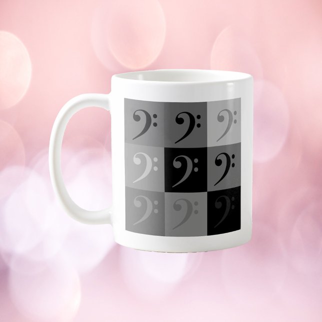 Caneca De Café Bass Clef Music Symbol Patterna Black Cinza (A mug with a bass clef pattern done in grays and blacks)
