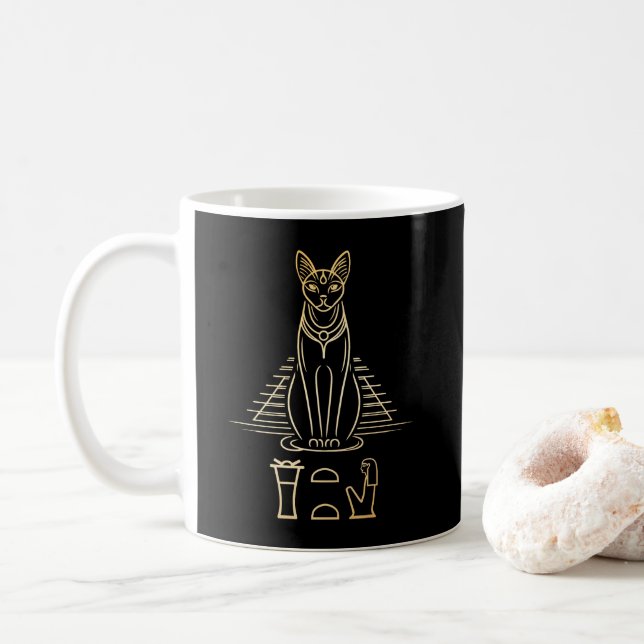 Caneca De Café Bastet com nome em hieroglifos e na Pirâmide do Eg (Com Donut)